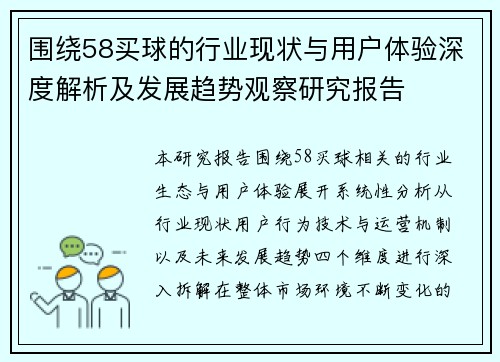 围绕58买球的行业现状与用户体验深度解析及发展趋势观察研究报告