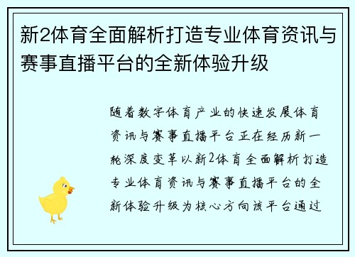 新2体育全面解析打造专业体育资讯与赛事直播平台的全新体验升级